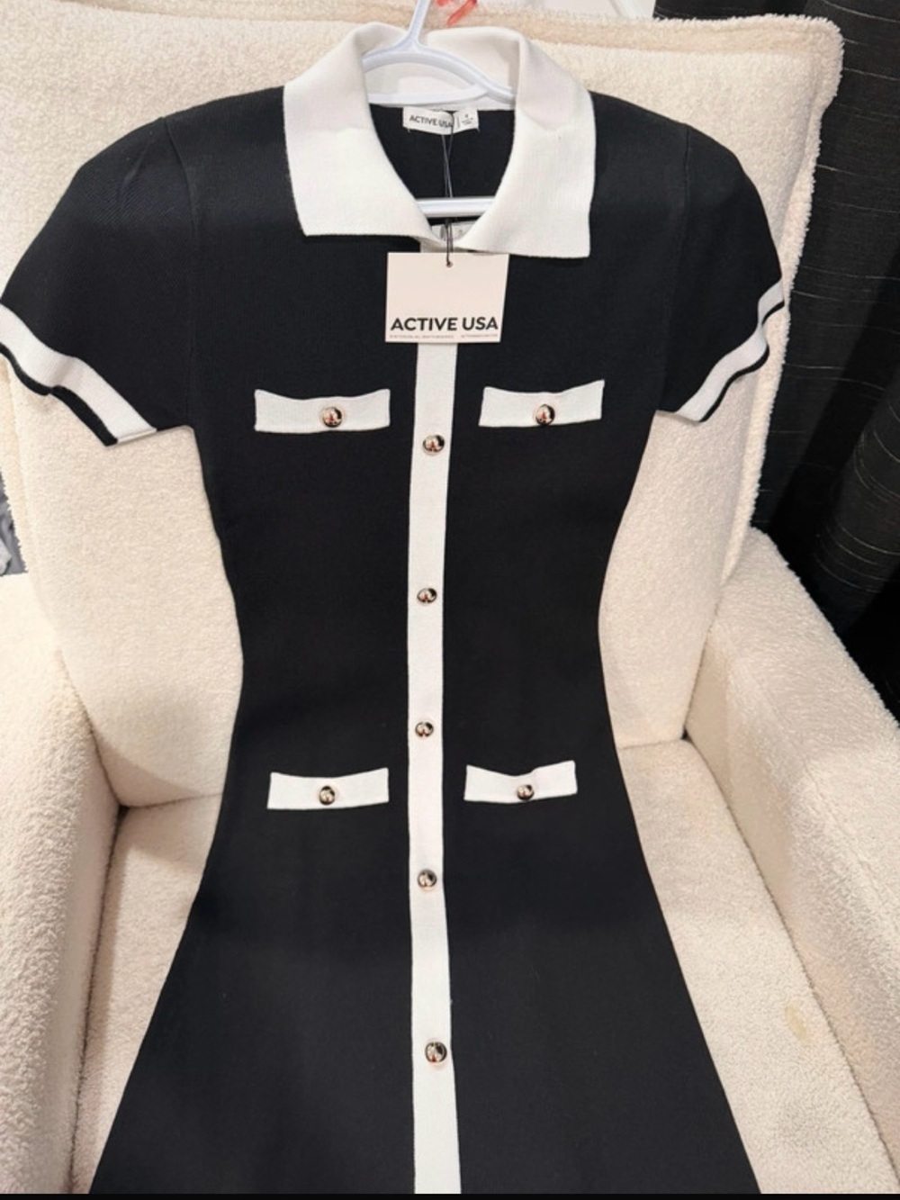 Active USA Black and White Short Sleeve Knit Polo Dress